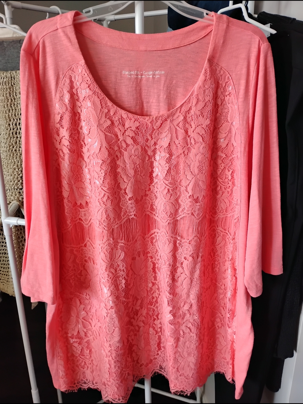 Penningtons Women's Coral Pink Lace-Front Crew Neck Shaped Fit  3/4 Sleeve Tee